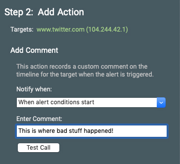 Screenshot of the Add a Comment alert action