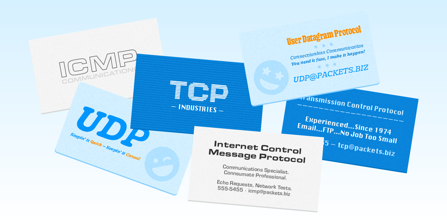 An illustration of a pile of business cards for ICMP, TCP, and UDP packets. Business is booming.