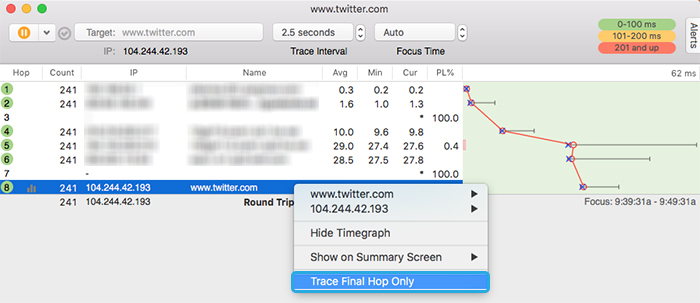 The right-click menu for a PingPlotter trace