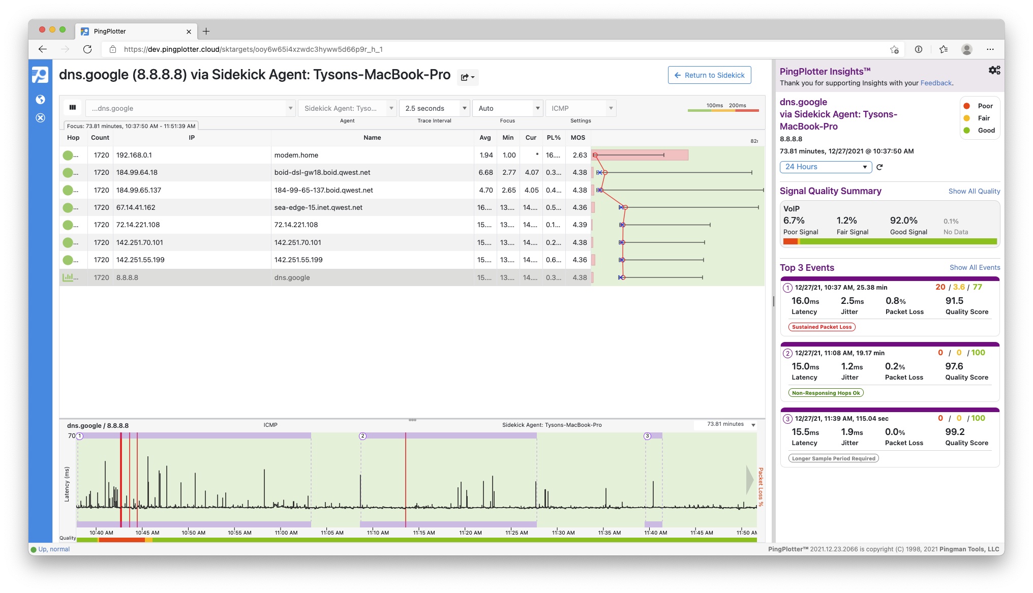 PingPlotter Insights will analyze your Sidekick data to help identify where the problem is occurring.