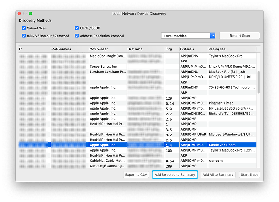 A PingPlotter screenshot depicting a selected device being added to the target summary window.