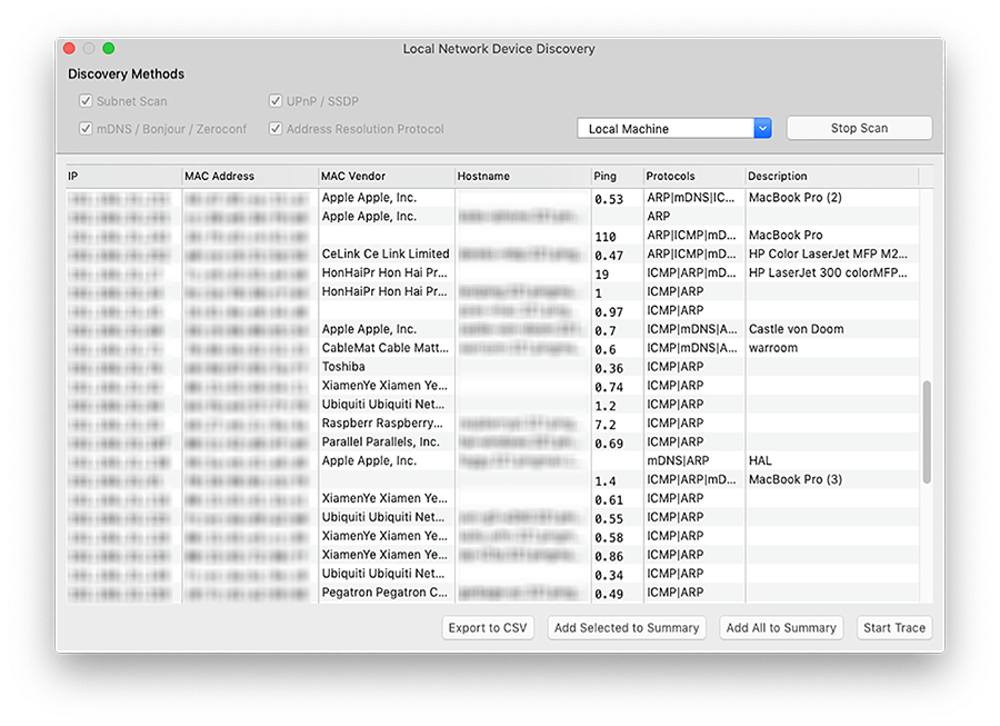 A PingPlotter screenshot depicting a populated list of local devices.